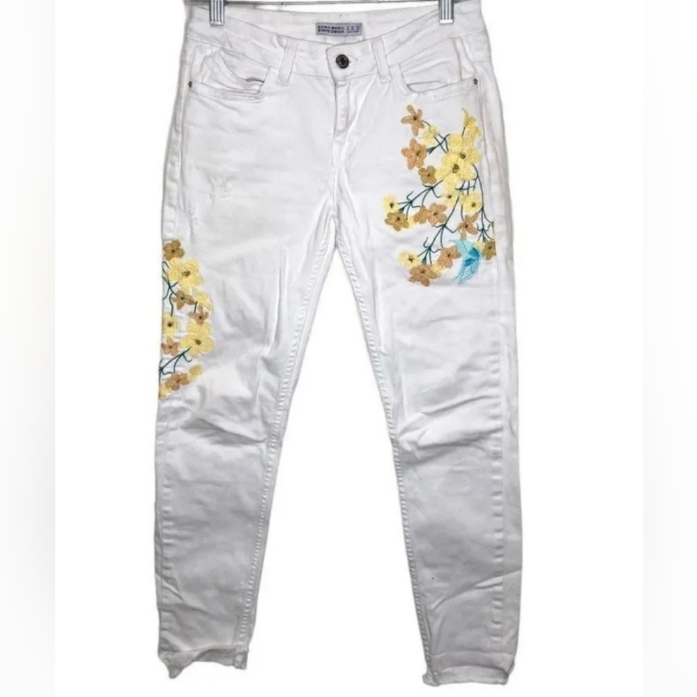 ZARA Floral Embroidered White Skinny Jeans Yellow Flowers Size 4